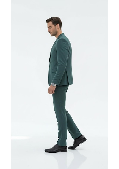 Erkek Slim Fit Mikro Dokulu Takım Elbise Çift Düğmeli Modern Kesim Petrol