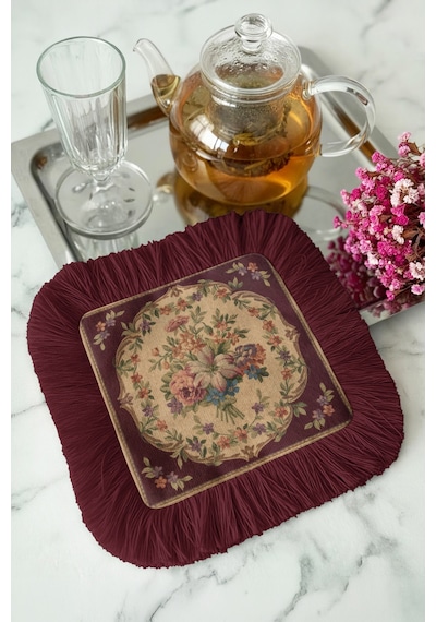 Zarif Vintage Çiçekli Saçaklı Sunum Servis Altlığı Mendil-chic Nostaljik Bordo Krem Sunumluk Peçete Çok Renkli