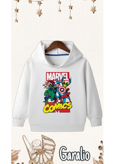Startmore Marvel Baskılı Kapüşonlu Çocuk Sweatshirt BEYAZ