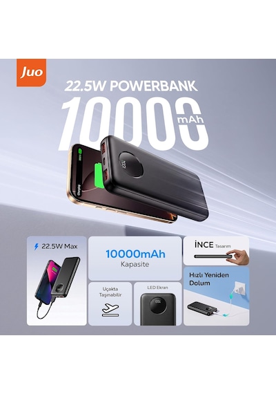 Lexroo 10000mah 22.5w Dijital Led Ekranlı Taşınabilir Hızlı Şarj Cihazı Powerbank Beyaz