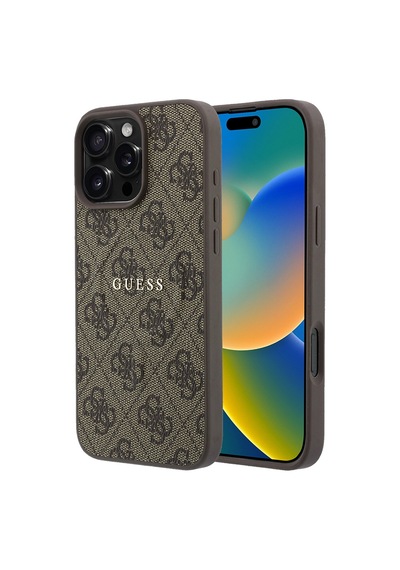 İphone 16 Pro Uyumlu Kılıf Guess Lisanslı M-safe Kabartmalı 4g Desenli Yazı Logolu Kapak Kahverengi