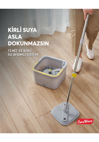 Home Care Dual System Kare Mop Seti Temiz Kirli Su Ayrı Hazneli 2 Adet İz Bırakmayan Mikrofiber Bez