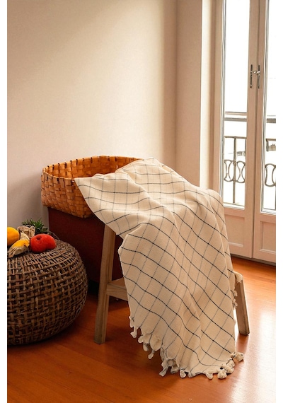 Doğal Pamuk , Yumuşak , Çok Amaçlı Örtü , Koltuk Örtüsü , Çift Kişilik Pike 200 X 320 Cm - 2 - Kareli Natural Çok Renkli