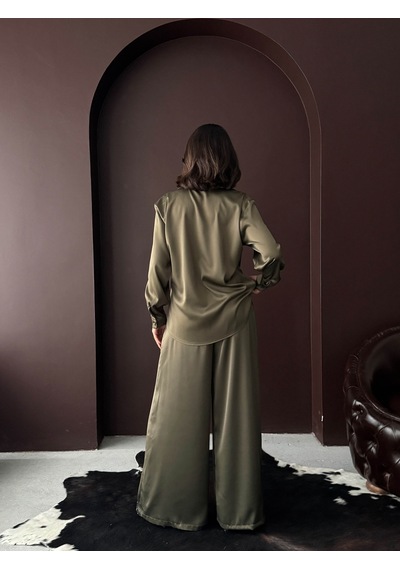 Verymoda Yüksek Bel Bol Paça Saten Pantolon Şık Ve Rahat Tasarım F2052 Haki