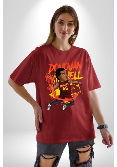 Donovan Mitchell Basketbol Karikatür Pamuklu Bisiklet Yaka Unisex Oversize Boyfriend Dijital Baskılı Kırmızı T-shirt Kırmızı