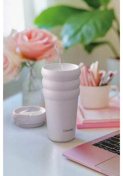 Stevig 3 Bubble Two-cap Straw Tumbler Çelik Termos 600 Ml Lilac Hint St-245 Lila