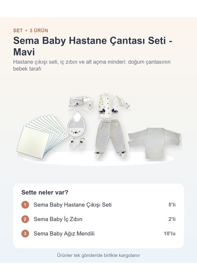 Sema Baby Hastane Çantası Seti 3 Parça: Hastane Çıkışı Seti + İç Zıbın + Ağız Mendili - Mavi