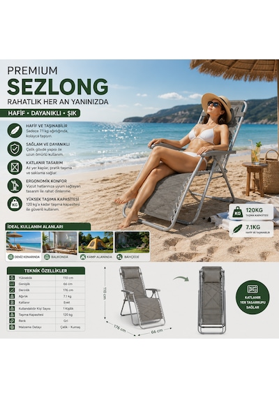 Premium Katlanır Şezlong Gri Ergonomik Bahçe, Kamp, Havuz, Balkon Ve Plaj Dinlenme Koltuğu Çelik Gövde 120 Kg Taşıma Kapasiteli