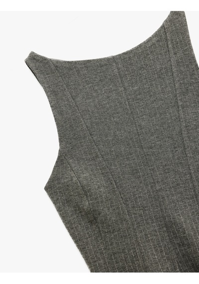 Koton Slim Fit Kayık Yuvarlak Yaka Kolsuz Peplum Bluz Gri Çizgili 6wak10296ek Gri Çizgili
