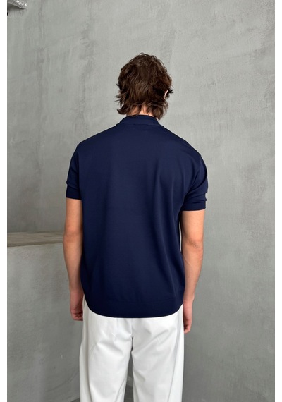 Erkek Oversize Yarım Balıkçı Triko T-shirt Lacivert
