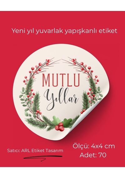 Mutlu Yıllar Yeni Yıl Yuvarlak Yapışkanlı Etiket 4x4 Cm 70 Adet - Arl Etiket Tasarım Beyaz