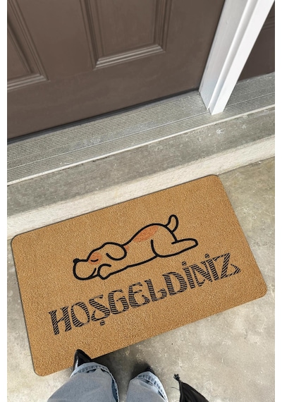 Coco Entry Ps028a Köpekli Hoşgeldiniz Desen Kalın Kaymaz Taban Nem Alıcı Şık Kapı Önü Paspası Hardal