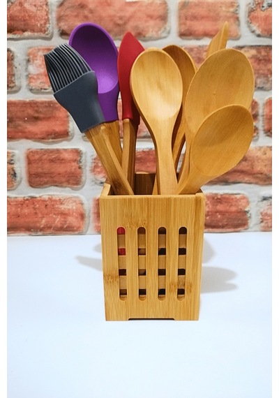 Bambu Standlı - Bambu Saplı Silikon Kaşık Spatula Fırça- Ahşap Kaşık Seti-9 Parça