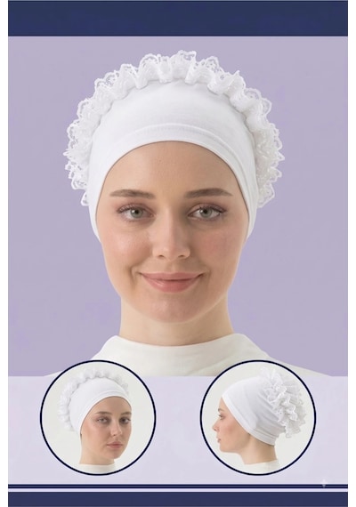 Myreal Fırfırlı Bone Dantel Penye Bağlamalı - Hacim Veren Topuz Bonesi beyaz