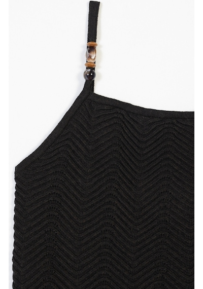 Halter Yaka Boncuk Detaylı Askılı Triko Top Kahve