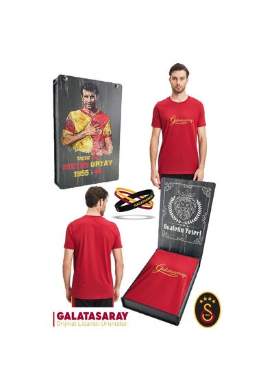Galatasaray Lisanslı Kırmızı Erkek T-shirt + Bileklik Set Ahşap Kutulu 104 Kırmızı