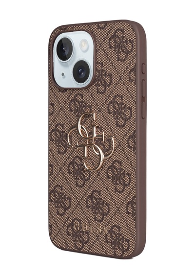 Apple Uyumlu iPhone 15 Plus Kılıf Guess Lisanslı Pu Deri 4g Büyük Metal Logolu Çapraz Vücut Askılı Kapak Kahveren Kahverengi