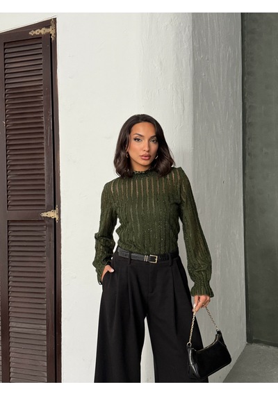 Verymoda Simli Sakallı Bluz F1852 Haki