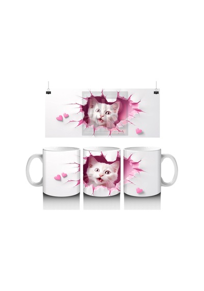 Pembe Kalplerle Süslenmiş Tatlı Kedi Baskılı Kahve Kupası Çok Renkli