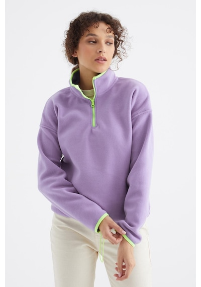 Tommy Life Açık Eflatun Yarım Fermuar Etek Ucu Büzgülü Dik Yaka Oversize Kadın Polar Sweatshirt - 97234 Eflatun