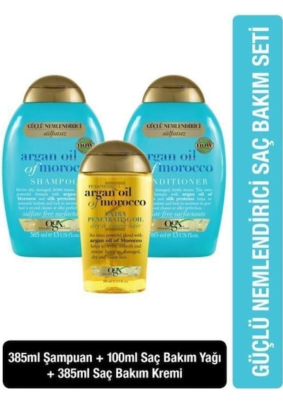 OGX Argan Oil Onarıcı Sülfatsız Şampuan 385 ML + Saç Bakım Kremi 385 ML + Yenileyici Bakım Yağı 100 ML﻿﻿
