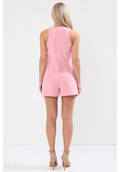 Benerly Kadın V Yaka Kolsuz Düğmeli Geniş Paça Mini Dokuma Tulum Straight Pembe