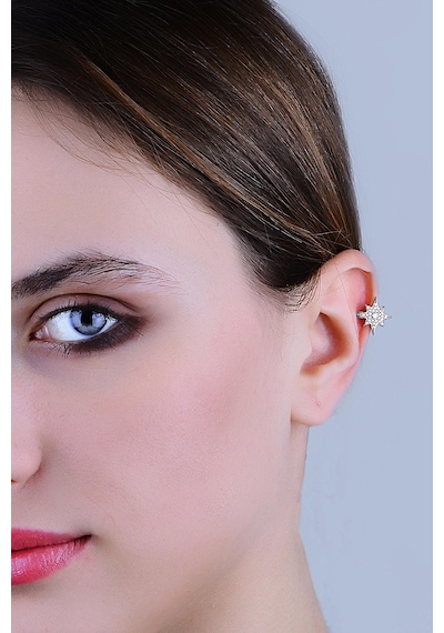 Gümüş Rodyumlu Zirkon Taşlı Sıkıştırmalı Kutup Yıldızı Kıkırdak Küpe Ear Cuff