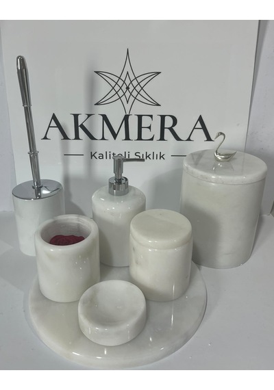 Akmera Elite 7 Parça %100 Gerçek Mermer Banyo Seti Beyaz - Gümüş