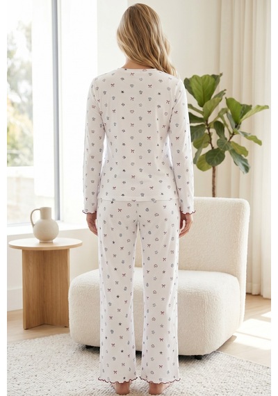 Siyah İnci Pamuklu Likralı Örme Pijama Takım26241165 Beyaz