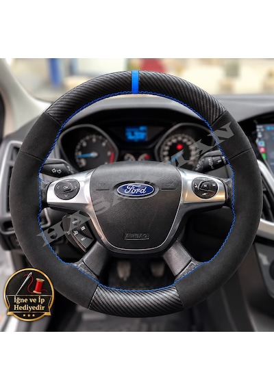 Ford Connect Dikme Direksiyon Kılıfı Alcantara Süet Mat Karbon Mavi Yüzük Ve Dikiş 2014-2022 Siyah
