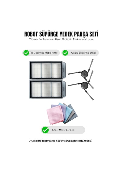 Dreame X50 Ultra Complete Rlx85ce İle Uyumlu 2 Yan Fırça 2 Filtre 1 Temizlik Bezi 9.0