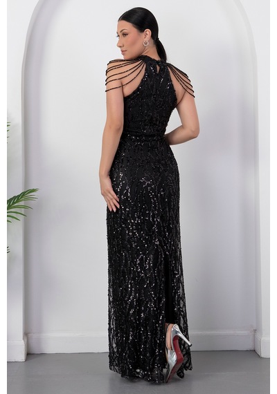Kalopya Halter Yaka Boncuklu Tül Elbise Dns2227 Siyah