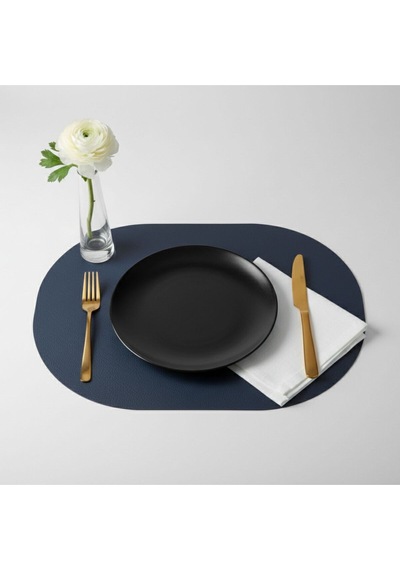 6 Kişilik 12 Parça Lacivert Tam Oval Deri Amerikan Servis Supla 33x44 Cm-kolay Silinir Supla