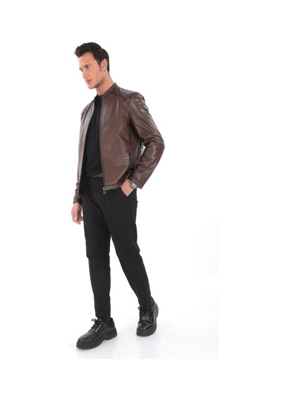 Newzaya Hakiki Deri Slim Fit Erkek Ceket Kahverengi Kahverengi