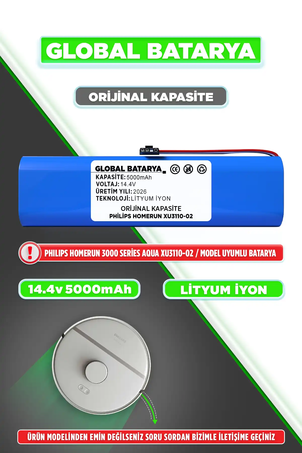 Philips Homerun 3000 Serisi Aqua Xu3110-02 Uyumlu Batarya 14.4v 5000mah Pil  Kapasite