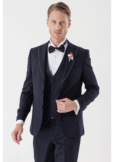 İmza Koyu Lacivert Desenli Armürlü Çıkarılabilir Mono Yaka Yelekli 6 Drop Slim Fit Smokin Damatlık Takım 1001230202-Koyu Lacivert İmza Koyu Lacivert Desenli Armürlü Çıkarılabilir Mono Yaka Yelekli 6 Drop Slim Fit Smokin Damatlık Takım 1001230202-Koyu Lacivert