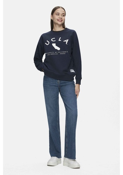 Ucla Alameda Lacivert Bisiklet Yaka Baskılı Oversize Kadın Sweatshirt Lacivert