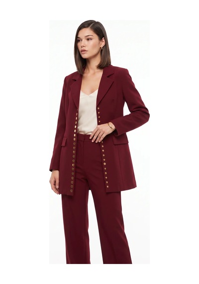 CEMO Gold Düğme Detaylı Uzun Blazer Ceket Bordo