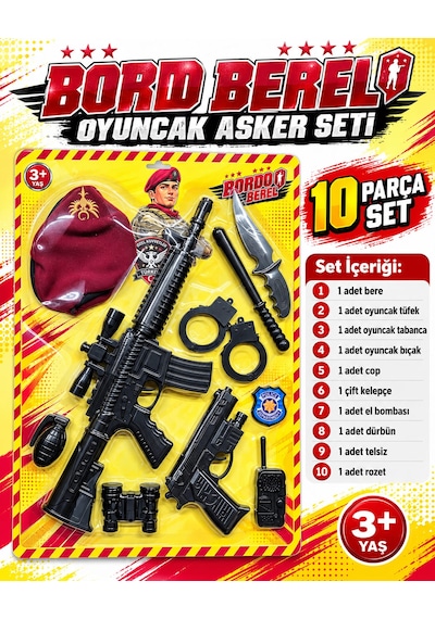 Oyuncak Komando Bordo Bere Asker Polis Seti Hedefli Dart Seti Yelekli Aksiyon Seti 10-16 Parça Kırmızı