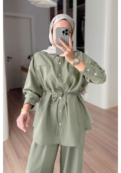 Ka Hijab Bağcıklı Bluz Pantolon Takım - Yeşil