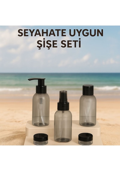 Plastik Seyahat Boy 100ml Füme Şişe Ve Kavanoz 5 Li Set Çantalı Seyahat Kiti