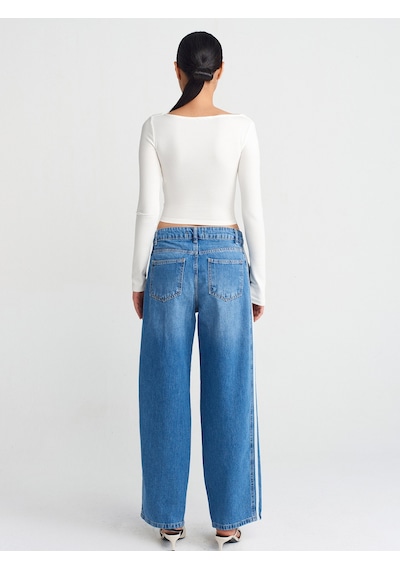 Dilvin 71755 Yanı Şeritli Balon Denim Pantolon Mavi