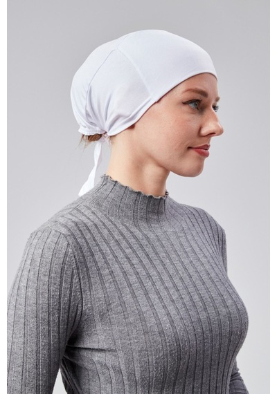 Sonbaharmoda Kadın Tesettür Likralı Penye Dikişsiz Kaymaz Düz Bağlamalı Bone Beyaz