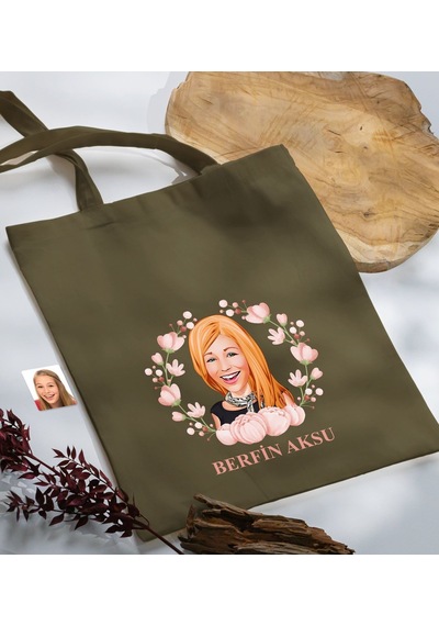 Bk Gift Kişiye Özel Anneler Günü Karikatürlü Haki Kumaş Bez Çanta, Baskılı Omuz Çantası, Alışveriş Çantası, Anneye Hediye-3 Haki