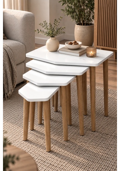 Sulorahome 4'lü Beyaz Zigon Sehpa Seti Ahşap Ayaklı