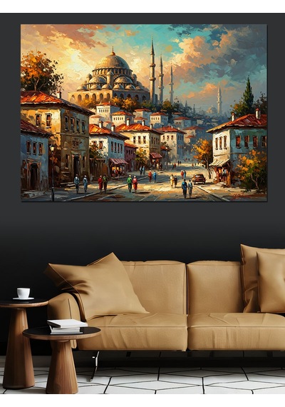 Ahşap Tablo Gün Batımı İstanbul Camii Ve İnsanlar Çocuk Odası Tabloları
