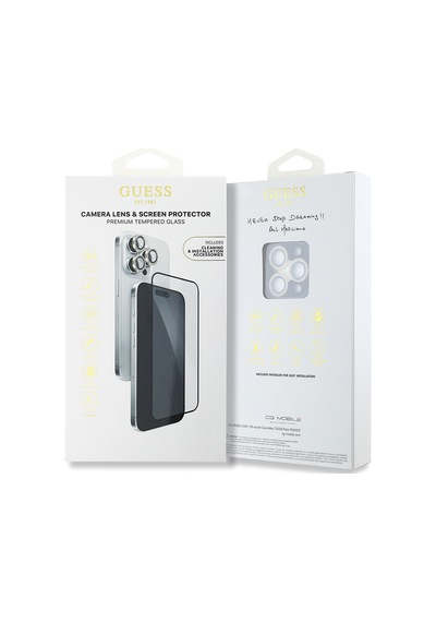 Apple Uyumlu   iPhone 16 Pro Max Guess Lisanslı Rhinestone Ekran Ve Lens Koruyucu 2in1 Aksesuar Seti Gold