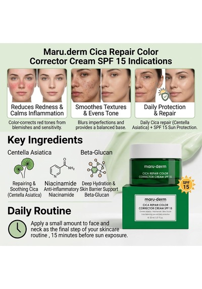 Maruderm Cica Cilt Tonu Eşitleyici Krem Spf 15 Renk Düzeltici Yatıştırıcı Gündüz Kremi, Centella Asiatica & Niasinamid İle, 30 Ml Çok Renkli