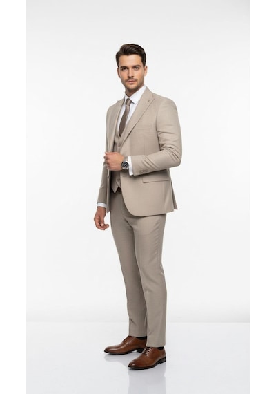 Erkek Slim Fit Takım Elbise Yelekli Modern Kesim Likralı Esnek Kumaş Kırışmaz Şık Düğün Davet Takımı Bej