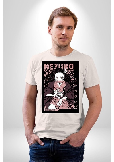 Nezuko Demon Slayer Unisex Unisex Beyaz Organik Baskılı T-shirt Penye Yüksek Kalite Beyaz